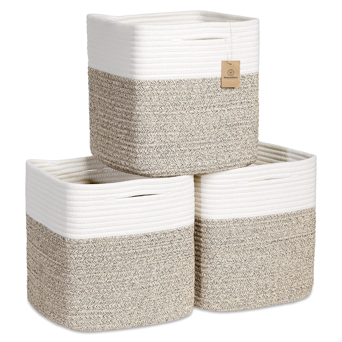 NaturalCozy Storage Cubes 11 Inch Cotton Rope Woven Baskets for Organizing, 3-Pack | Cube Storage Bin | Square Storage Baskets for Shelves Organizer, Classroom, Kids Toy Bins, Closet, Baby Nursery