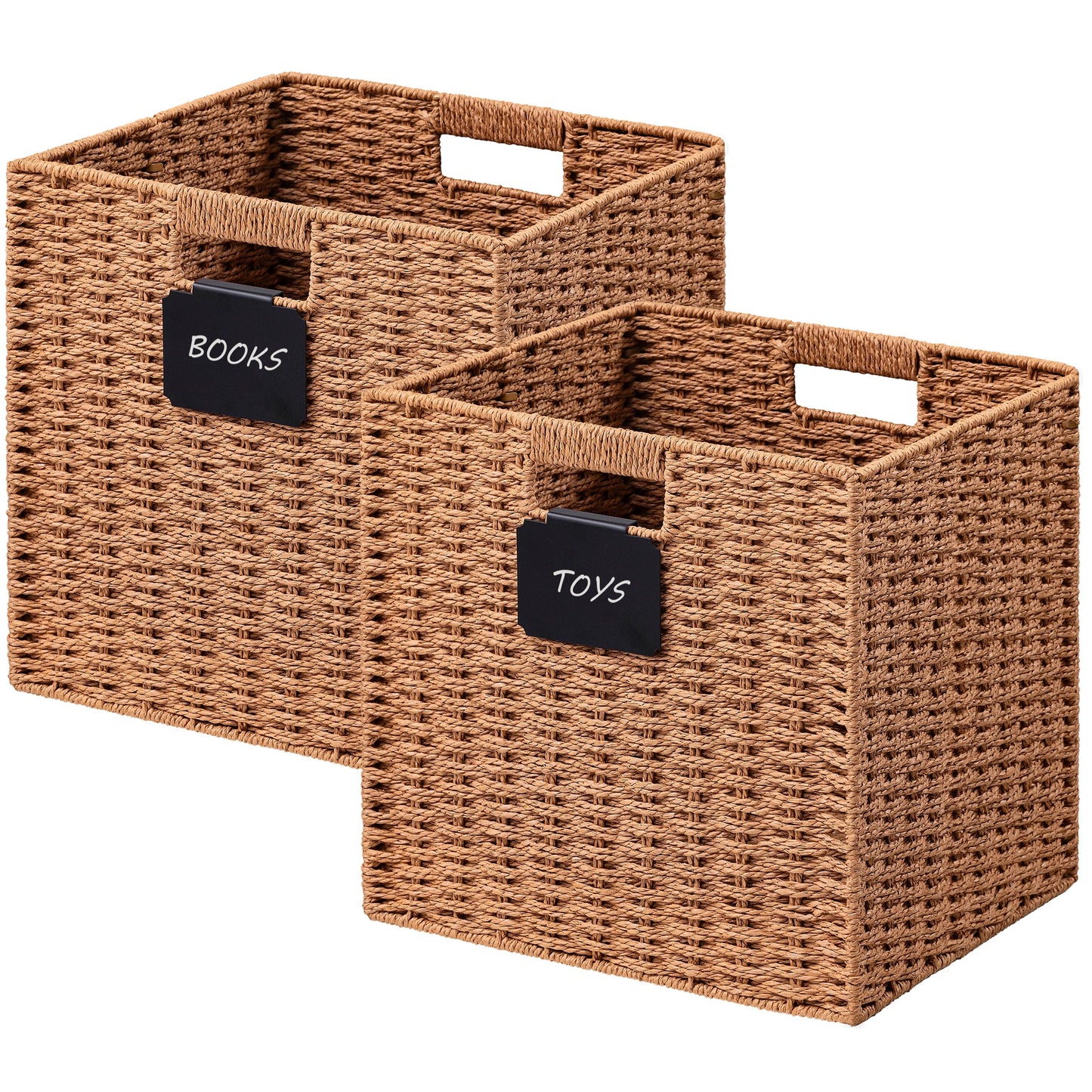 UBBCARE 2 Pack Wicker Basket, 10.5×10.5 Storage Cubes with Label, Foldable Cube Storage Bin with Handle, Square Storage Basket for Shelves, Woven Paper Rope Basket for Organizing, Green