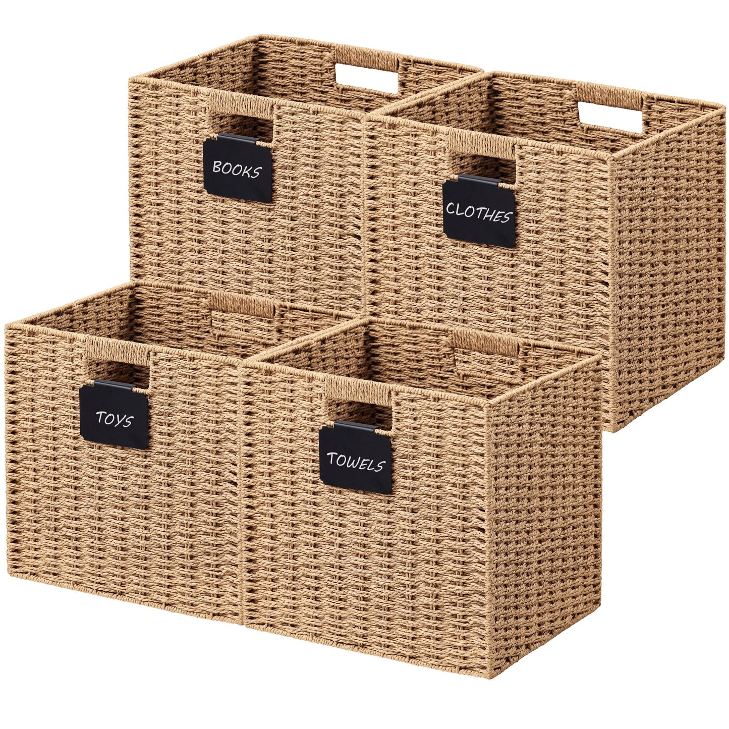 UBBCARE 2 Pack Wicker Basket, 10.5×10.5 Storage Cubes with Label, Foldable Cube Storage Bin with Handle, Square Storage Basket for Shelves, Woven Paper Rope Basket for Organizing, Green